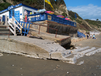 Coastal erosion creating access problems for a beach café, Whitecliff Bay, Isle of Wight