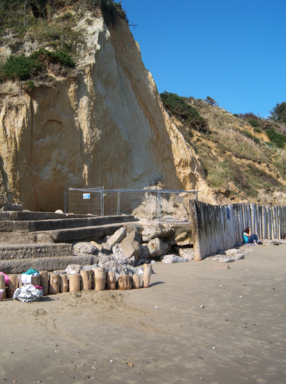 Cliff erosion causing safety concerns for coastal visitors, Whitecliff Bay, Isle of Wight