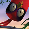 animated red bird hanging upside-down staring into the camera