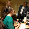 Bournemouth animation expert Sofronis Efstathiou (left) with David Lammy MP (right) during a visit to the National Centre for Computer Animation at Bournemouth University