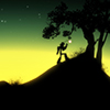Animation still of a figure climbing a hill to a tree with a green and yellow sunset