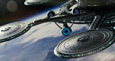 Animation still from Star Trek showing a space craft in orbit around the Earth